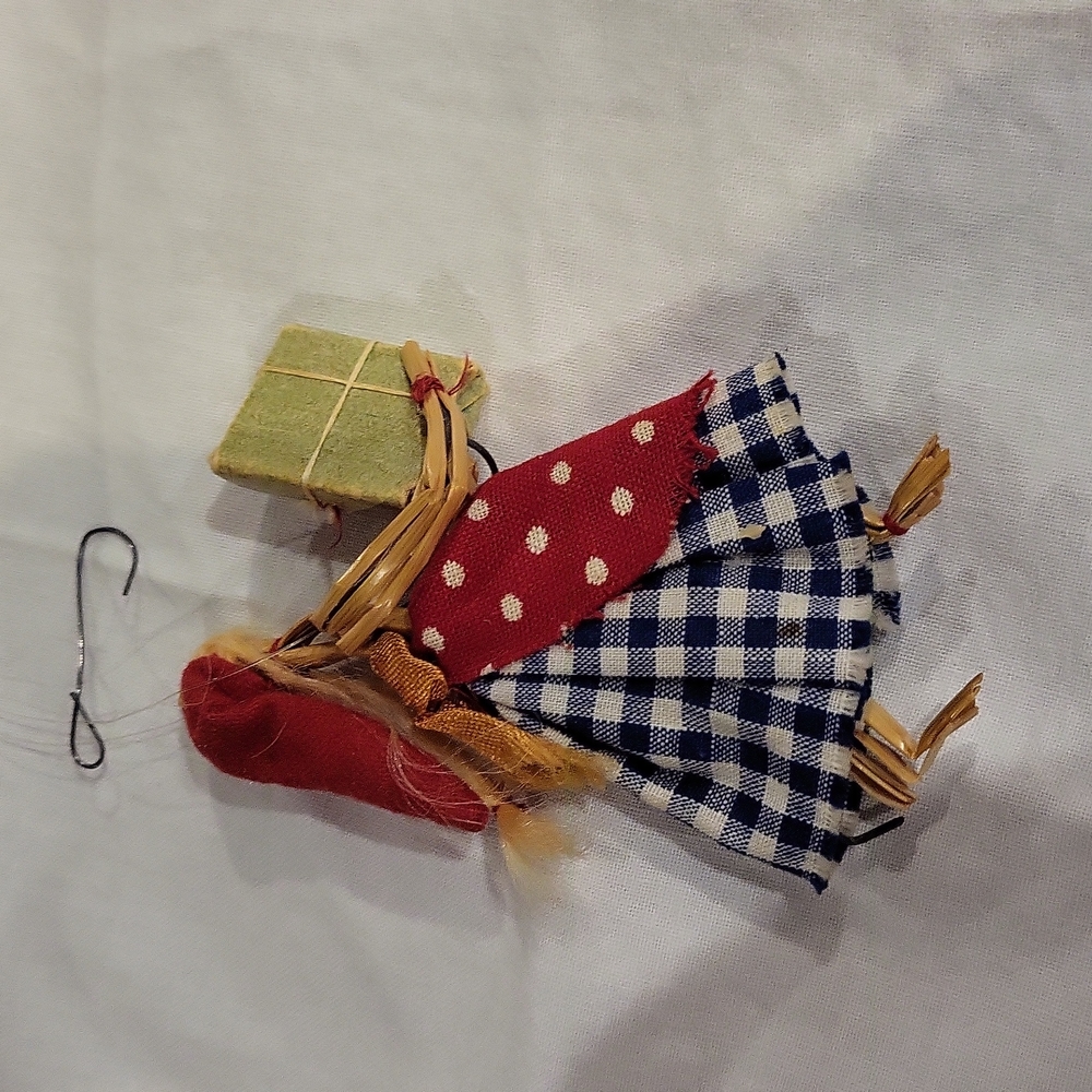 Vintage Corn Husk Woman With Braided Hair Gingham Dress Polka Dot Apron